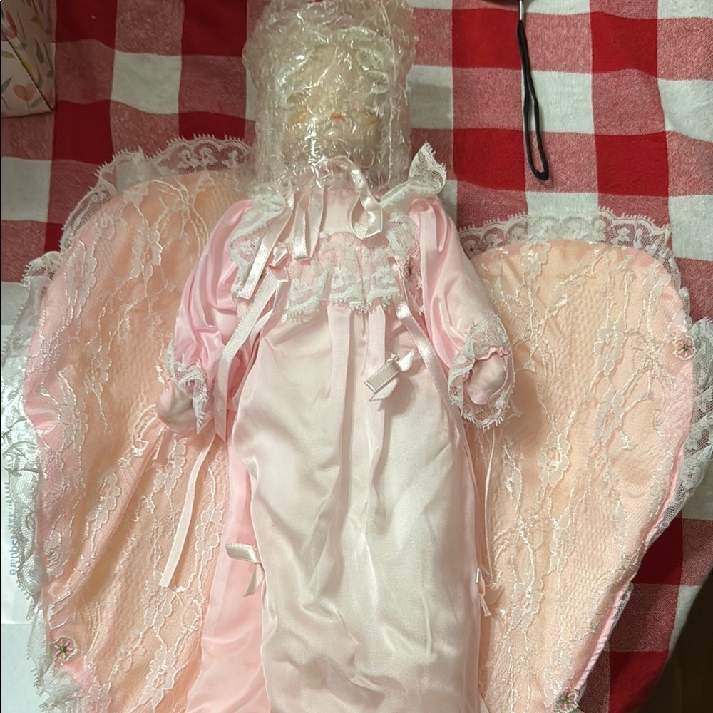 Pink and White Angel Doll with Feathered Wings